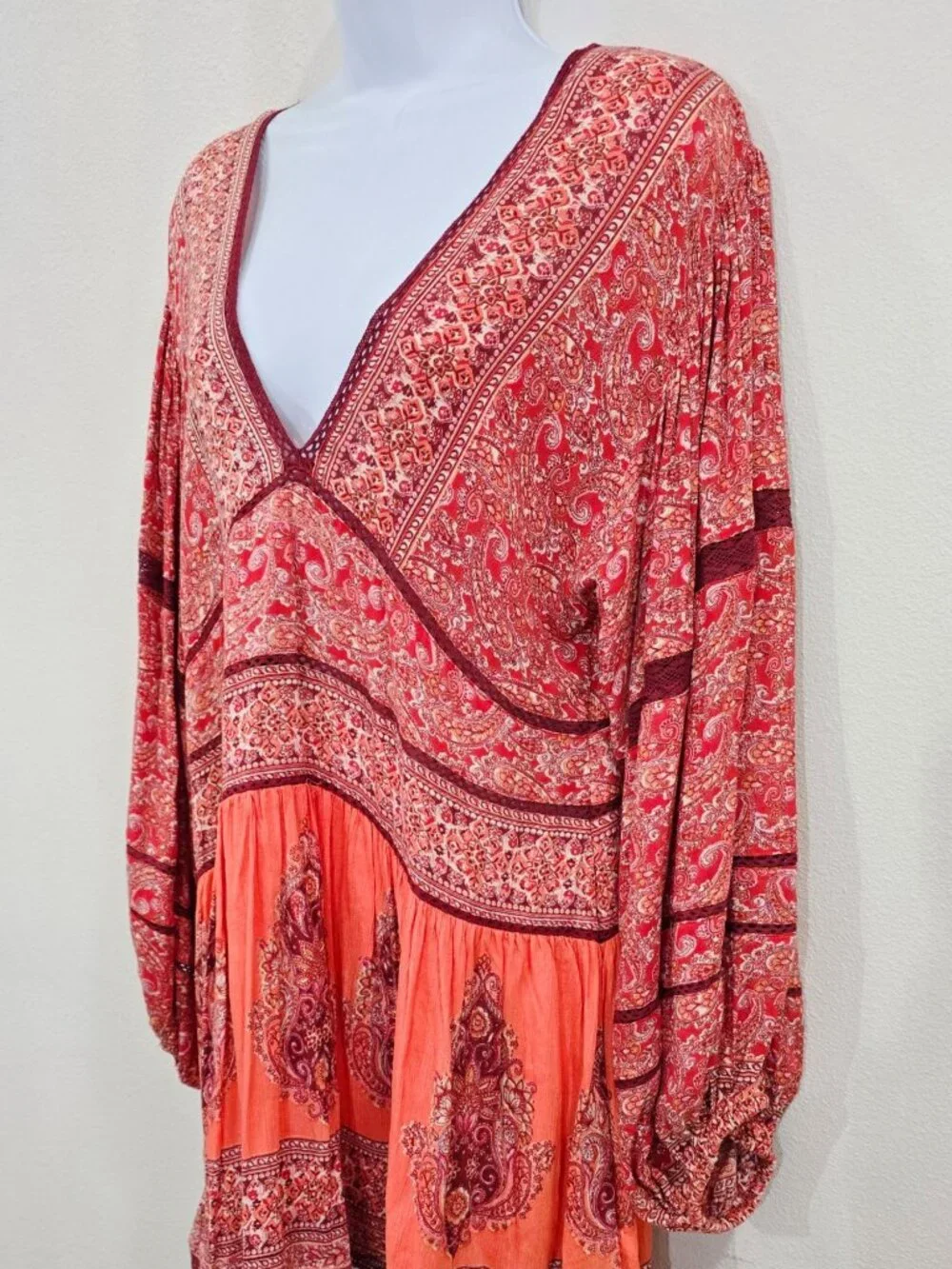 Free People ✦ Paisley Babydoll Tunic Dress ✦ Red Orange Oversized Boho Festival - Picture 5 of 13